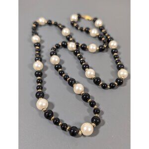 Vintage Black Glass Faux Pearl Beaded Classic Long Necklace Gold Tone 30"